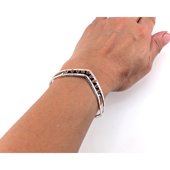 Zuni Sterling Silver & Coral Dots Chevron Cuff Bracelet Size 6.5 in. Jewelry **